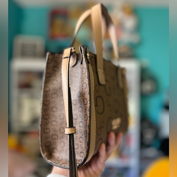 GUESS Brown Logo Mini Satchel Tote Bag - Picture 3 of 5
